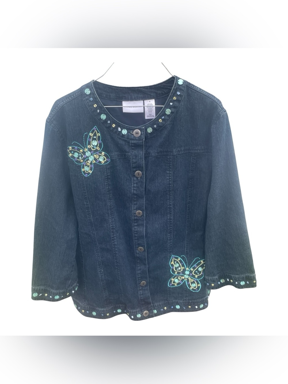Alfred Dunner Denim Jacket Women’s 16 Shacket Beaded Butterflies Unlined